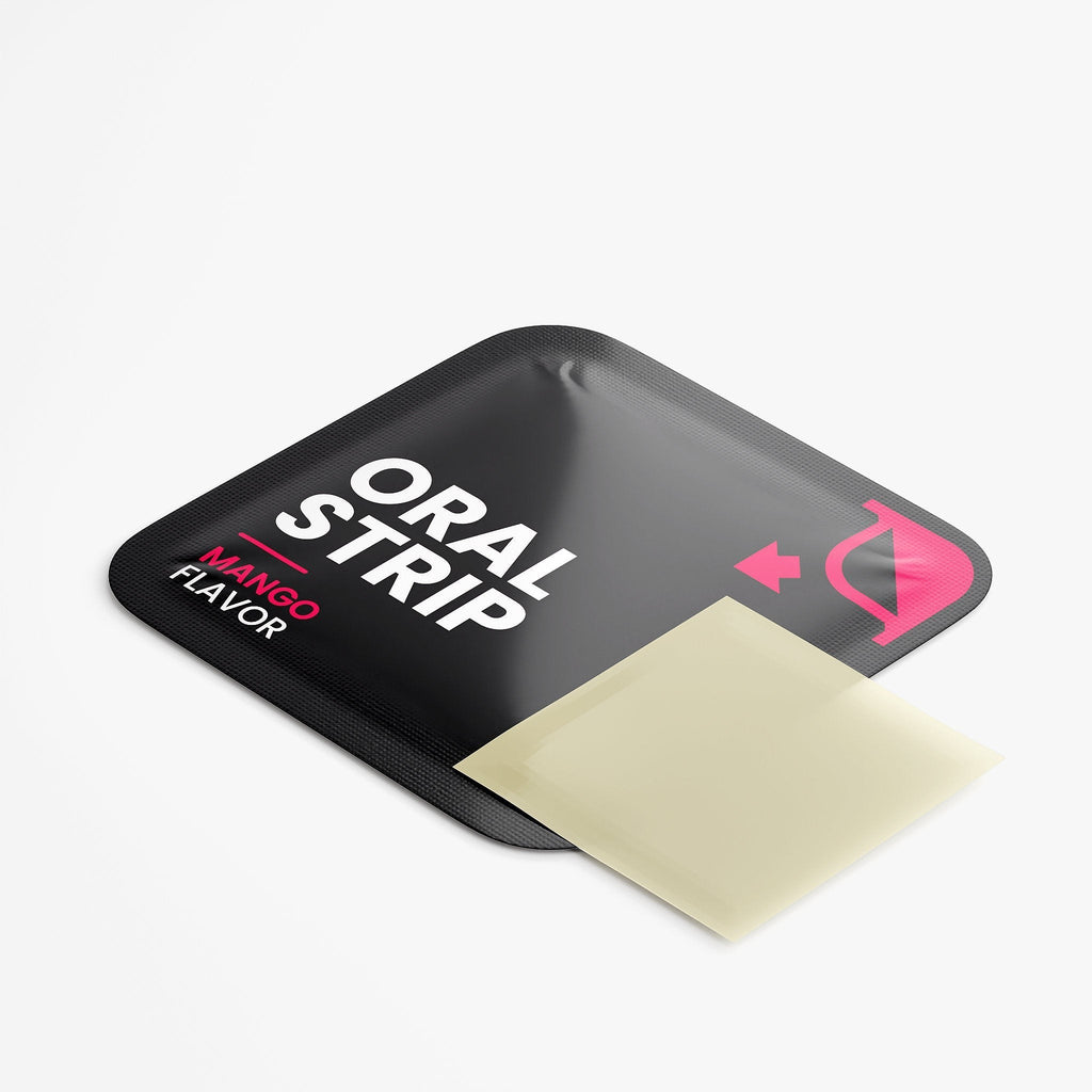Promised Beauty + Collagen Strips in a black individual packet with a dissolvable mango-flavored oral strip.