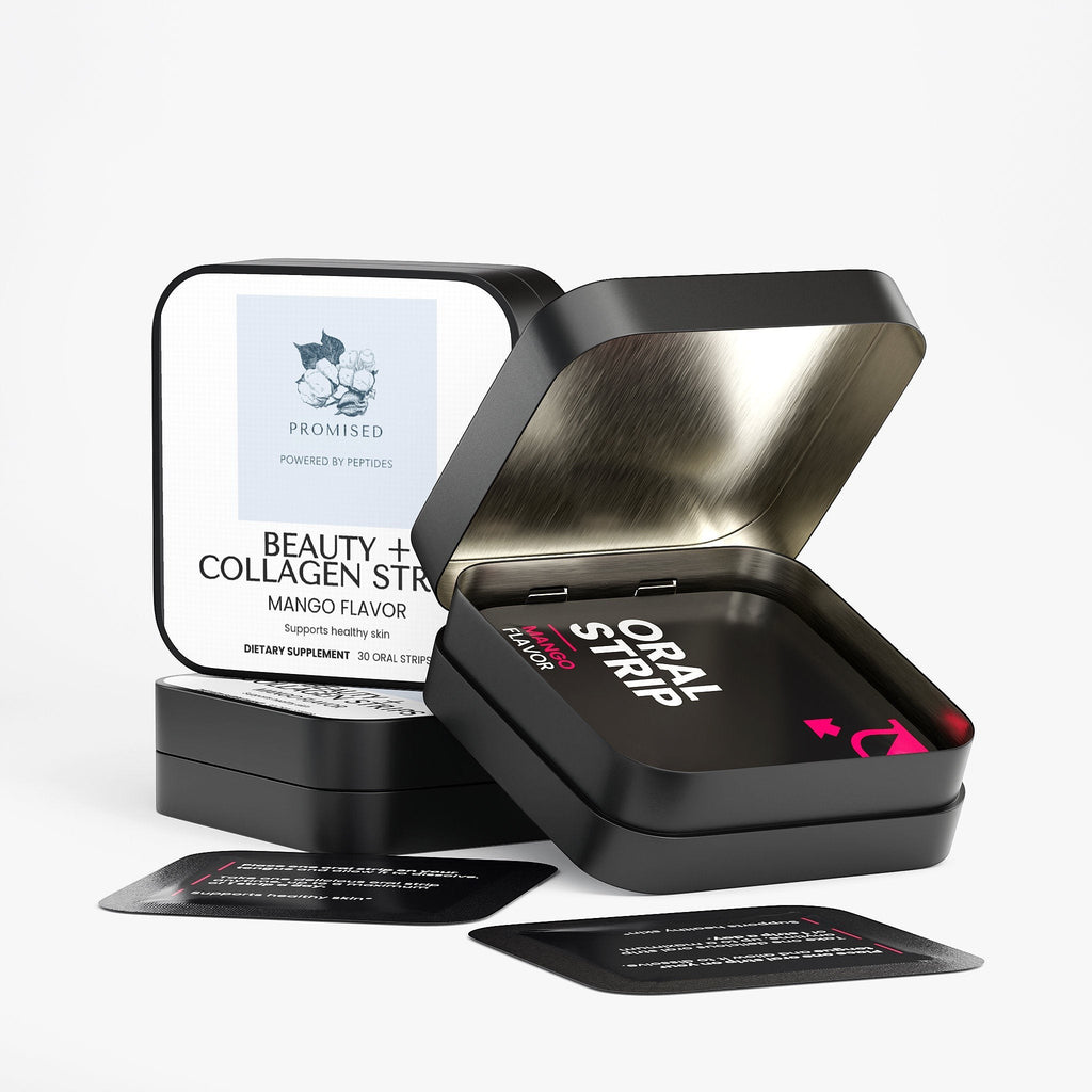 Promised Beauty + Collagen Strips in a black metal tin with individual mango-flavored dissolvable supplement packets.