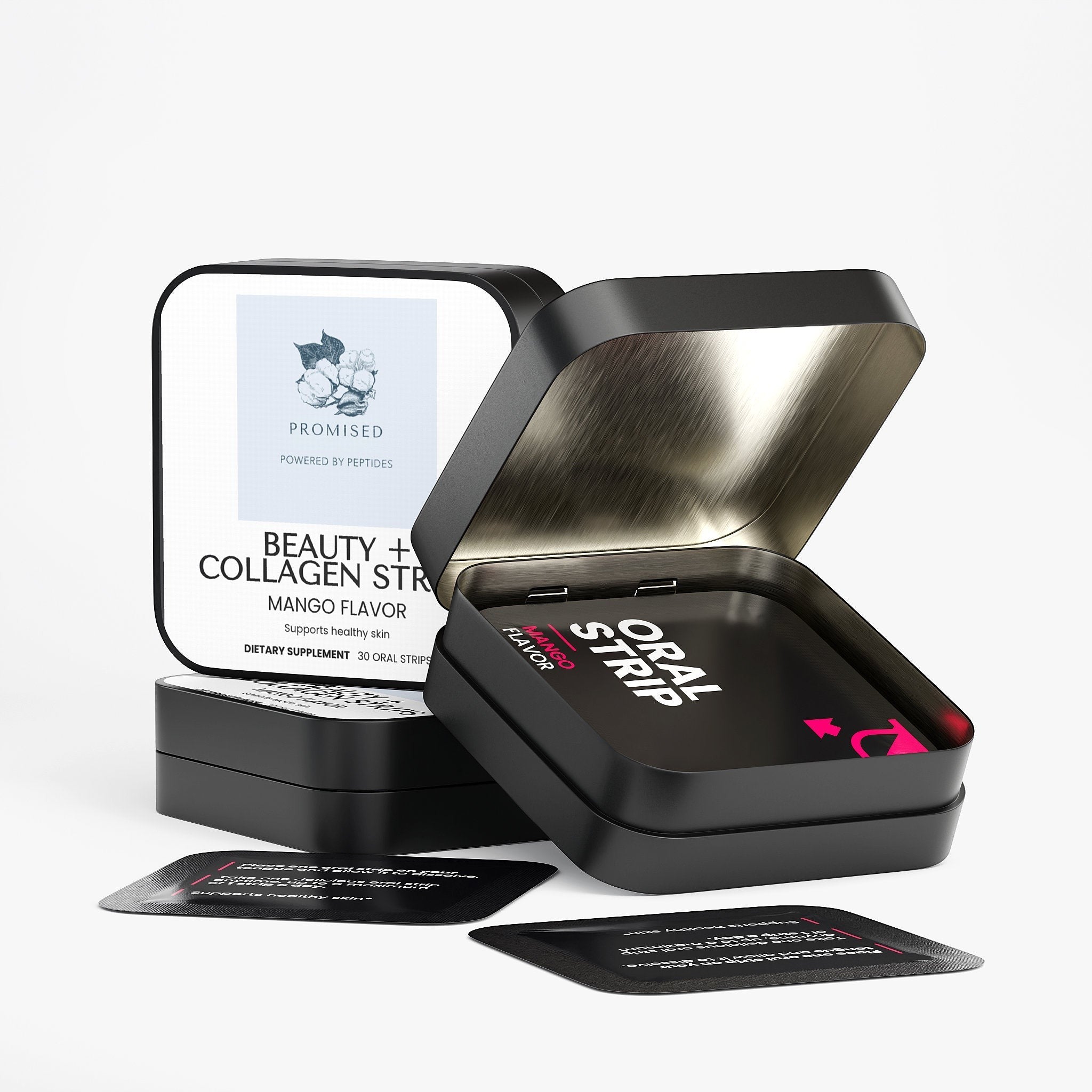 Promised Beauty + Collagen Strips in a black metal tin with individual mango-flavored dissolvable supplement packets.