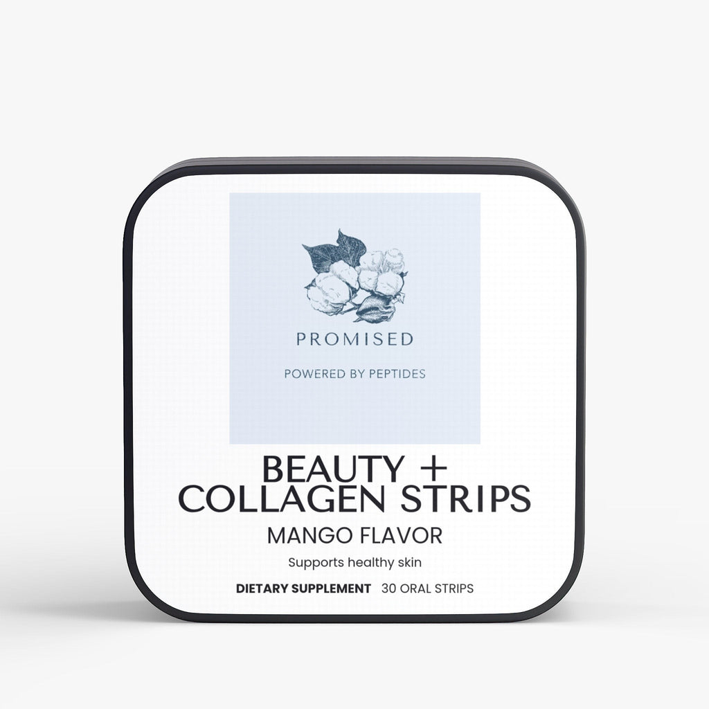 Promised Beauty + Collagen Strips in a square metal tin with mango flavor, supporting skin health with peptides.