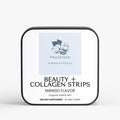 Promised Beauty + Collagen Strips in a square metal tin with mango flavor, supporting skin health with peptides.