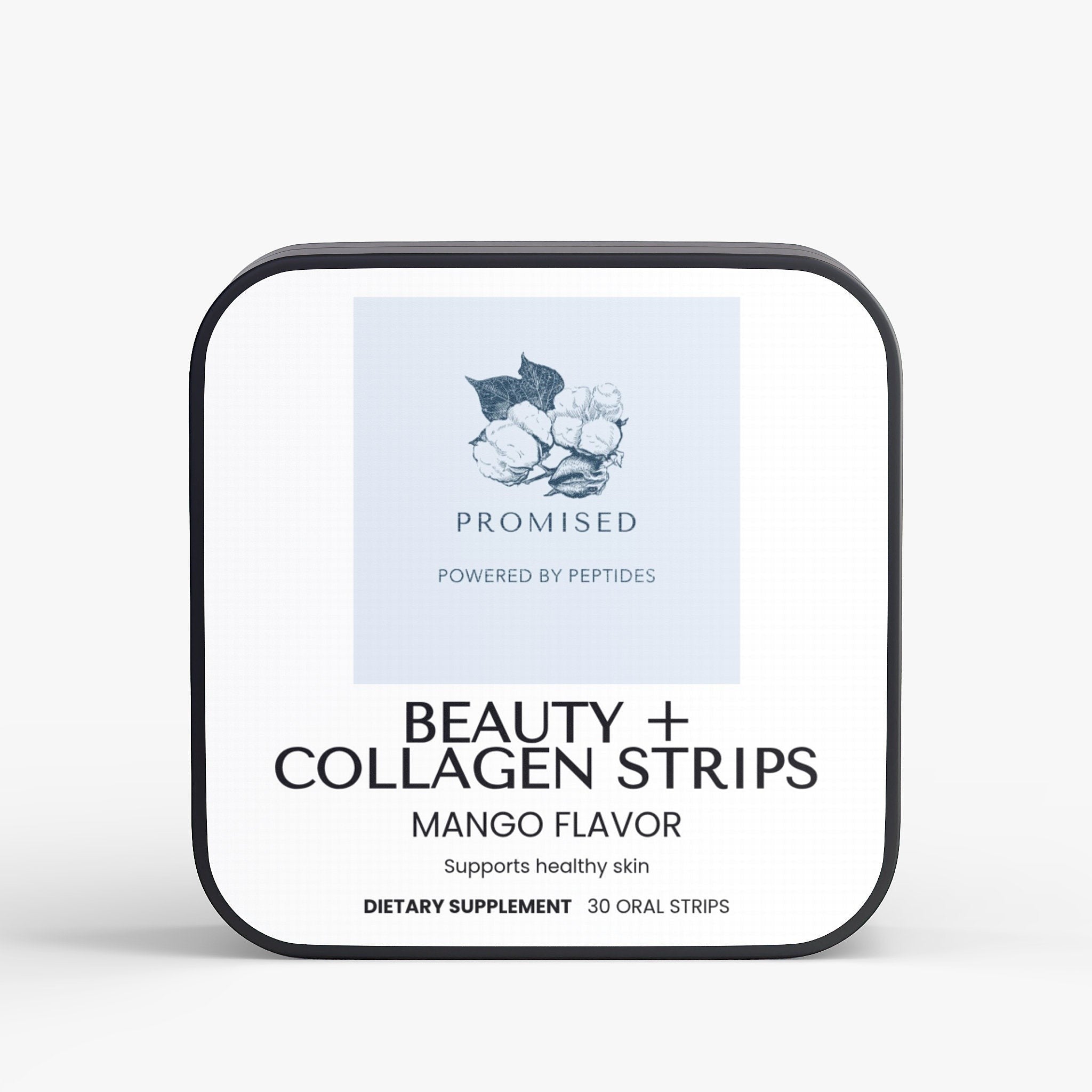 Promised Beauty + Collagen Strips in a square metal tin with mango flavor, supporting skin health with peptides.
