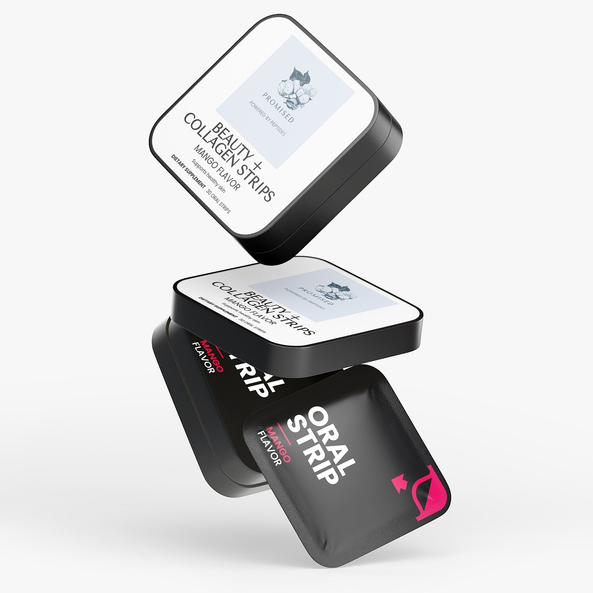 Promised Beauty + Collagen Strips in a black tin with individual mango-flavored oral strip packets floating