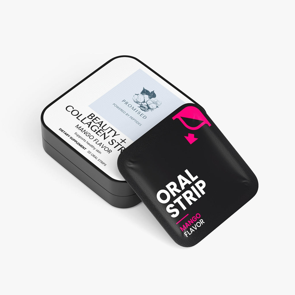 Promised Beauty + Collagen Strips in a black metal tin with a single mango-flavored dissolvable oral strip packet.