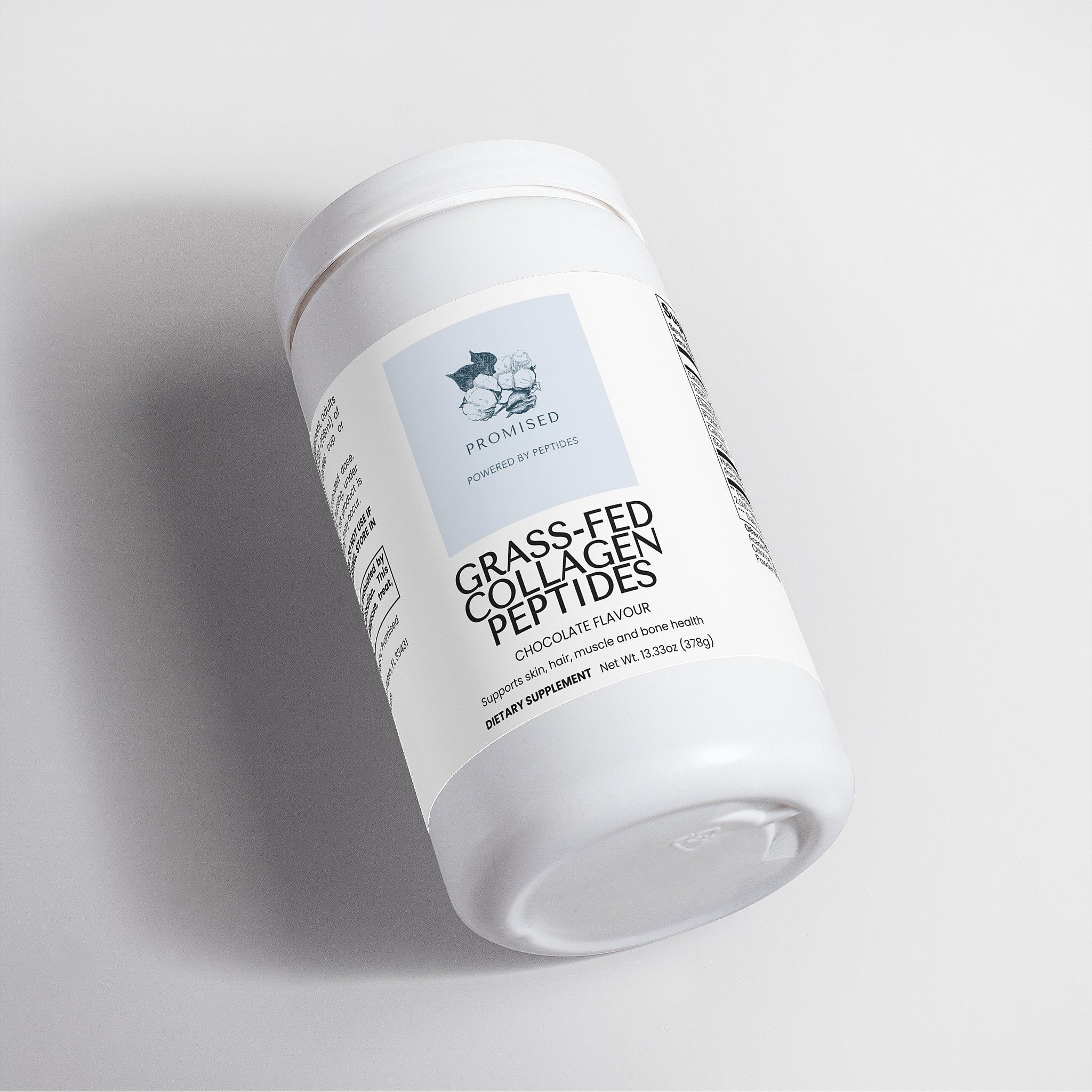 Promised Grass-Fed Chocolate Collagen Peptides powder supplement in a white plastic jar on a light background.