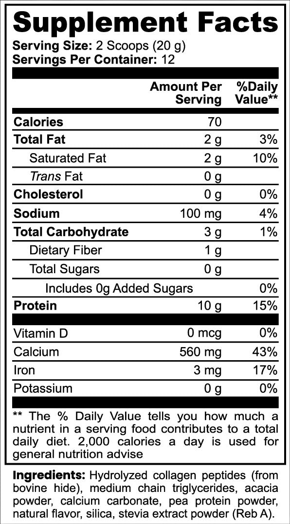Promised Grass-Fed Collagen Creamer Vanilla supplement facts label showing nutritional information and ingredients