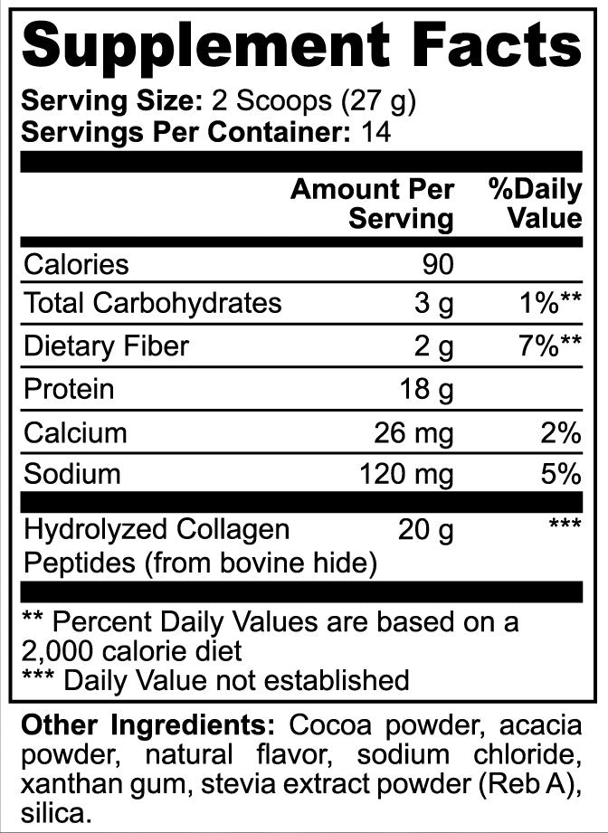Promised Grass-Fed Collagen Peptides Chocolate supplement facts label showing nutritional information and ingredients