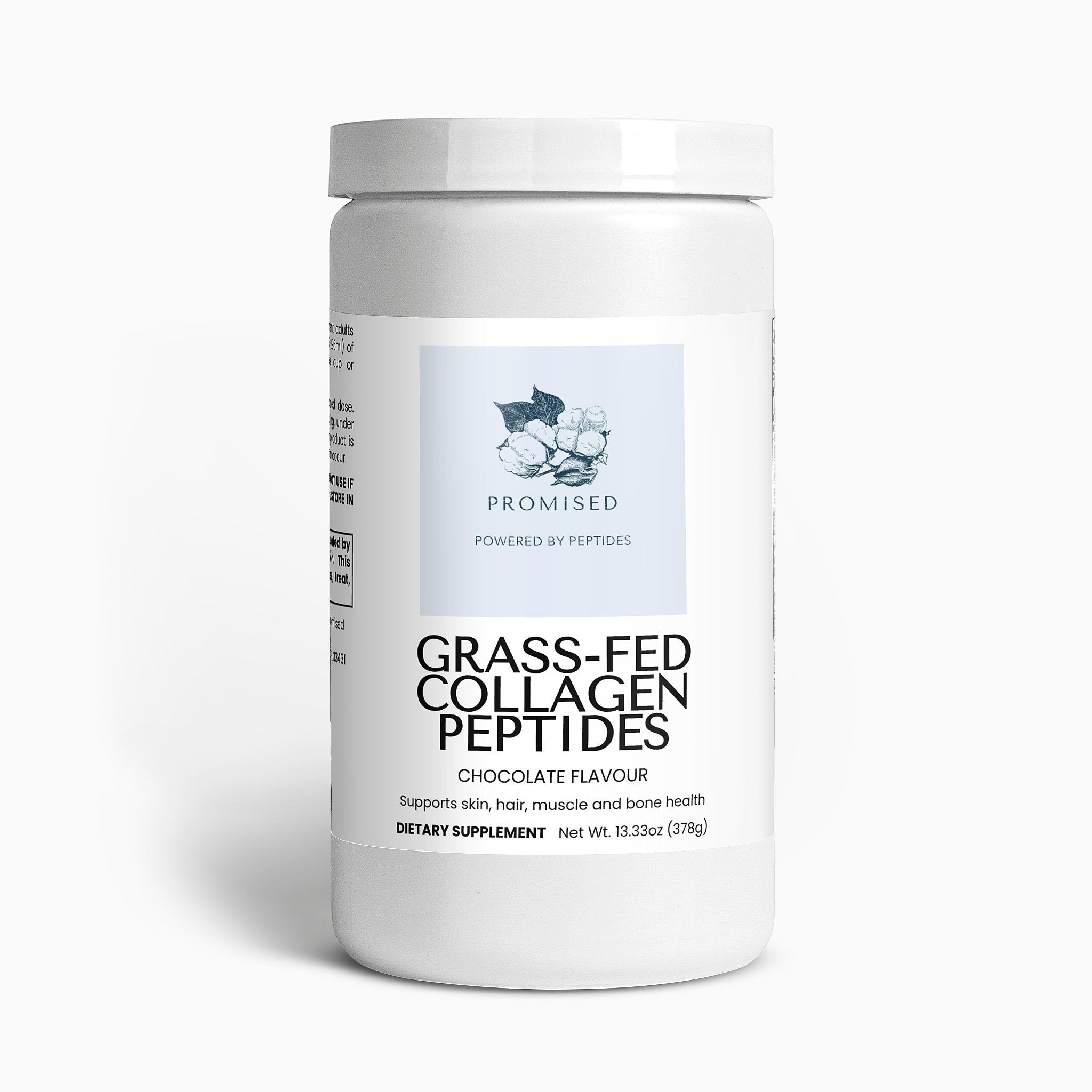 Promised Grass-Fed Collagen Peptides powder in chocolate flavor, a dietary supplement for skin, hair, and bone health.