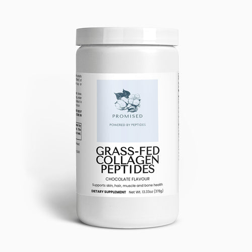 Promised Grass-Fed Collagen Peptides powder in chocolate flavor, a dietary supplement for skin, hair, and bone health.