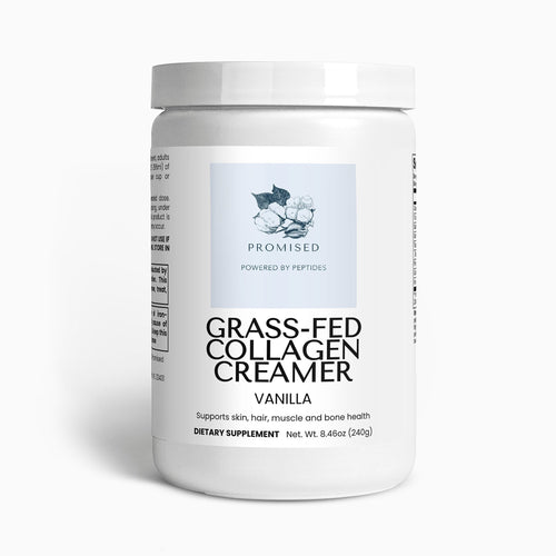 Promised Grass-Fed Vanilla Collagen Creamer supplement jar for coffee and hot beverages
