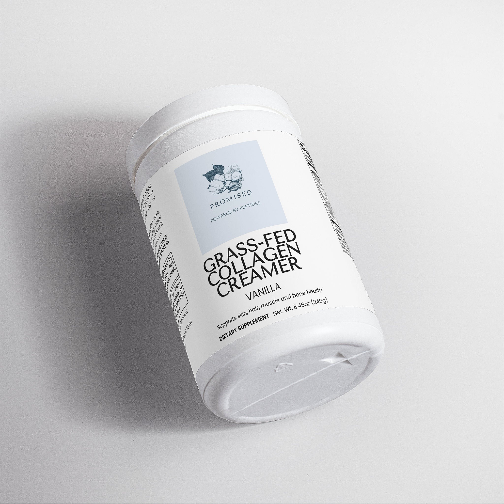 Promised Grass-Fed Vanilla Collagen Creamer in a white plastic tub for skin, hair, and bone health support.