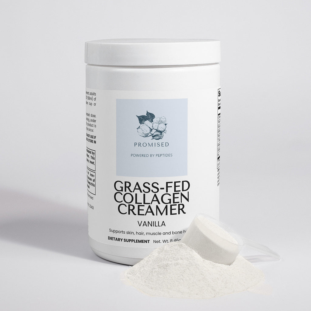 Promised Grass-Fed Vanilla Collagen Creamer tub with a white scoop and collagen powder on a light background