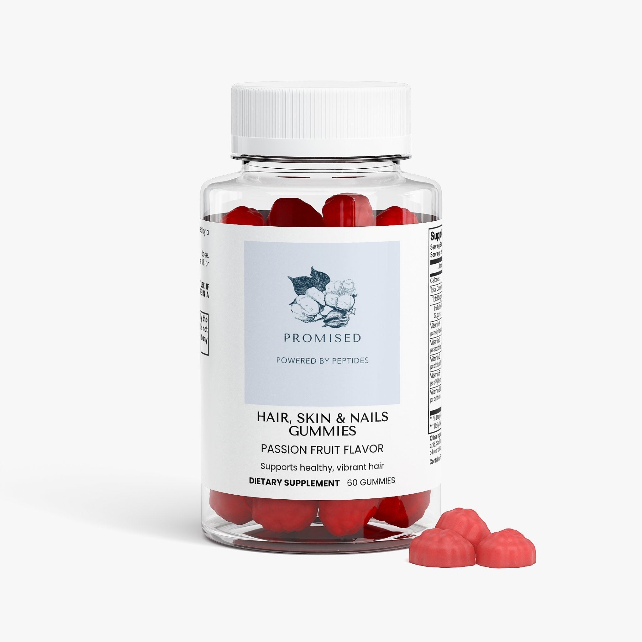 Promised Hair, Skin & Nails passion fruit gummies in a clear bottle with a white label and red supplement gummies.