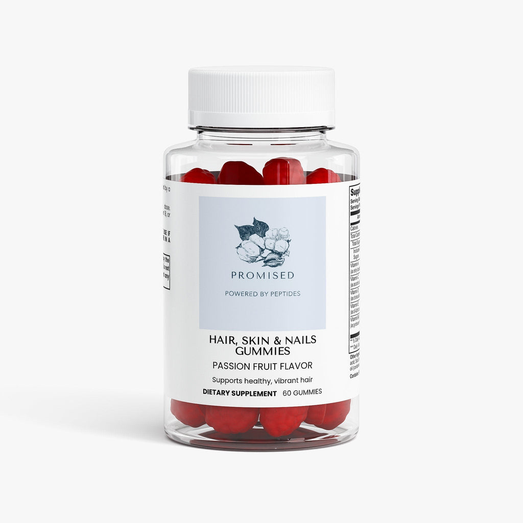 Promised Hair, Skin & Nails Gummies in a clear bottle with red passion fruit flavored supplements.