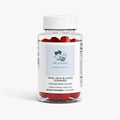Promised Hair, Skin & Nails Gummies in a clear bottle with red passion fruit flavored supplements.