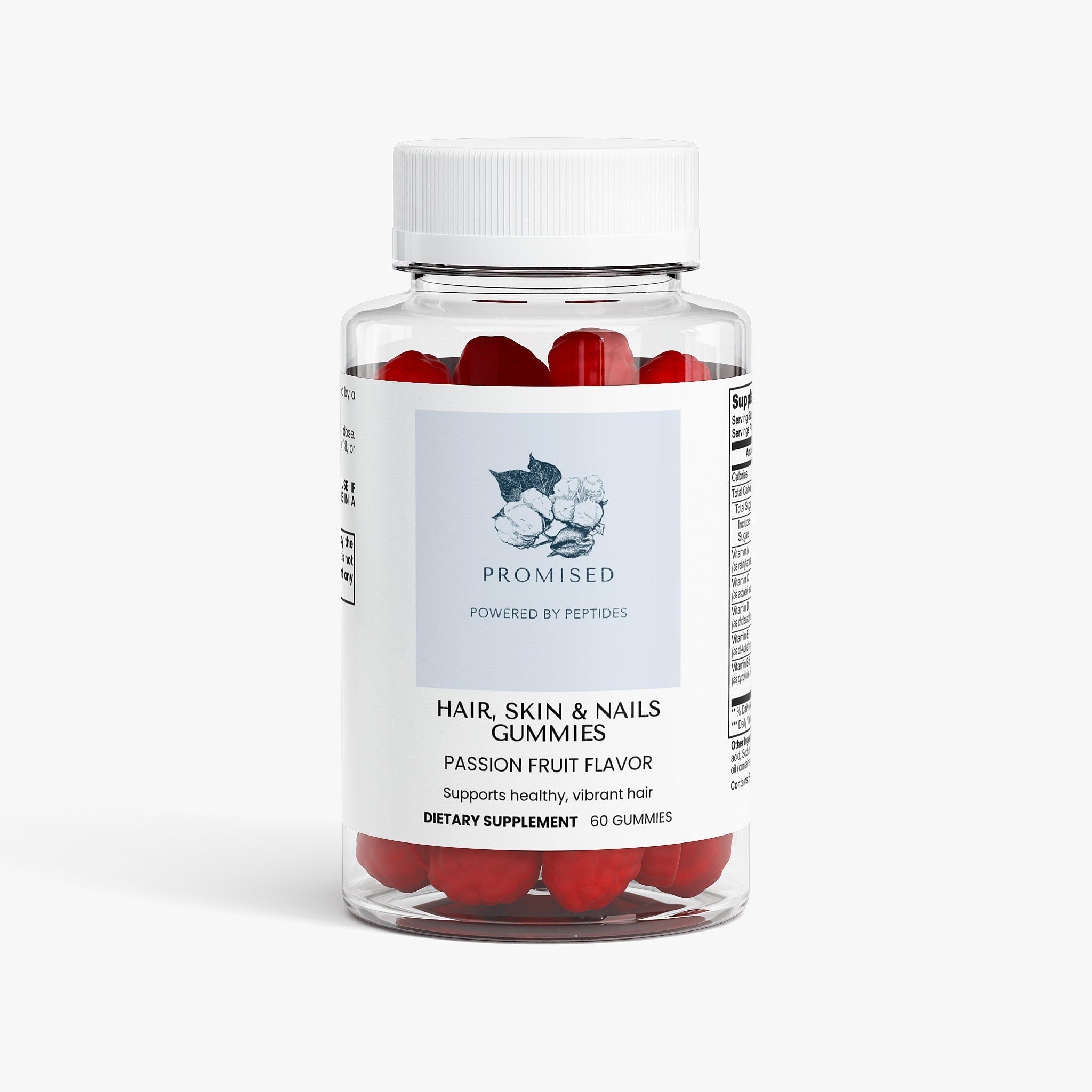 Promised Hair, Skin & Nails Gummies in a clear bottle with red passion fruit flavored supplements.
