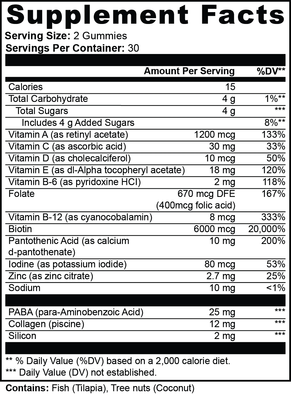 Promised Hair, Skin & Nails supplement facts label detailing vitamins, minerals, and collagen ingredients.